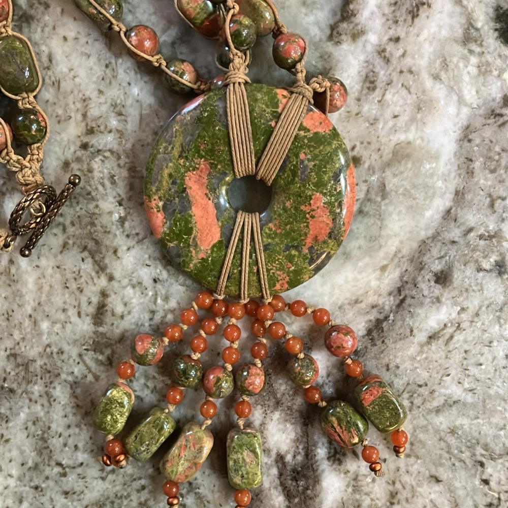 Natural Unakite Pendant Beaded Necklace